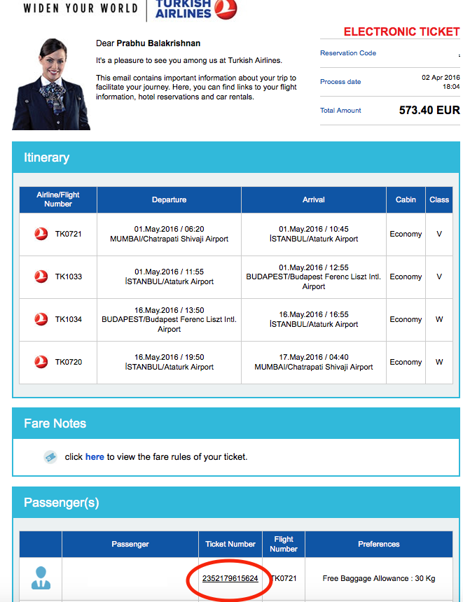 Where can I find the e-ticket number of a previously flown Turkish Airlines flight?